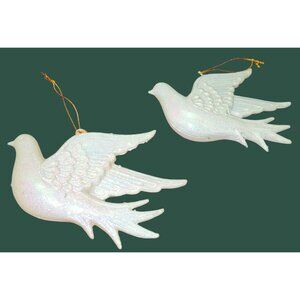 Vintage White Glitter Dove Hanging Ornaments Set Of 2 Gold Strings
